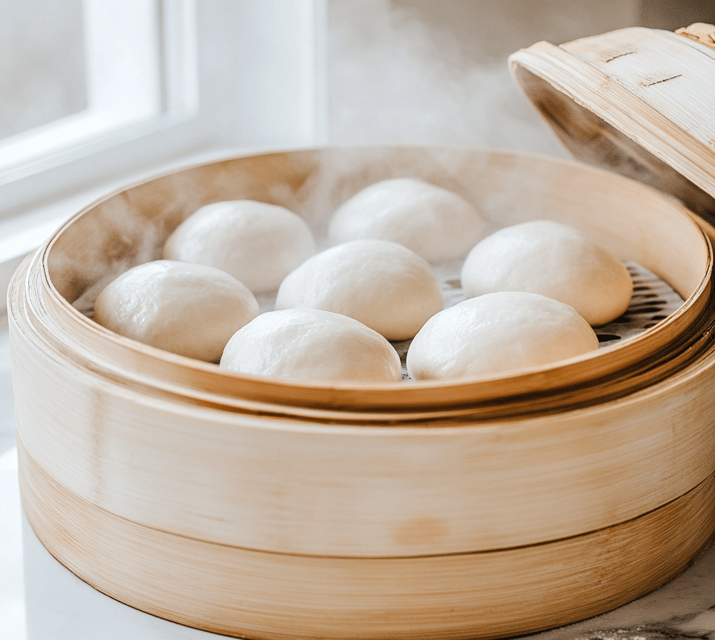 Sourdough folded Bao buns being steamed in a bamboo steamer