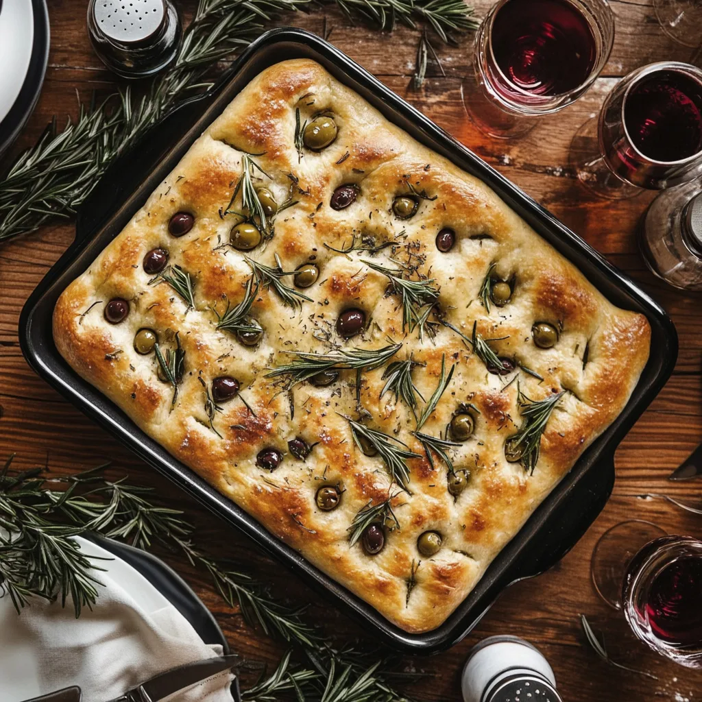 Aerial shot of the baked focaccia bread kit, position on a table.