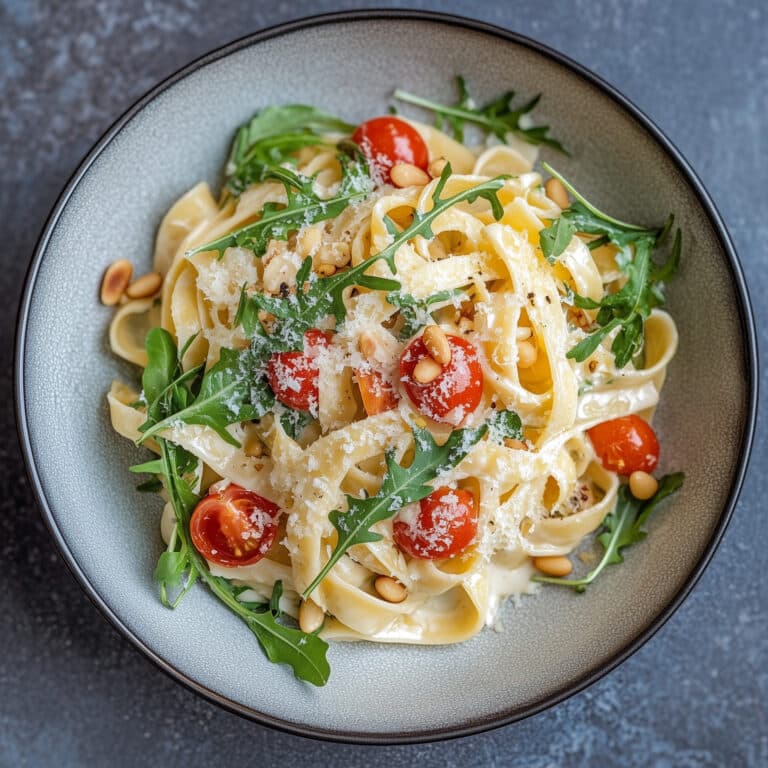 Creamy Sunblushed Tomato & Ricotta Pasta with Roasted Pine Nuts and Rocket